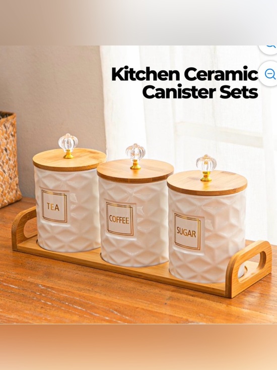 Unbranded Other - Set of 3 Ceramic Canisters for Sugar Coffee, Tea with Tray